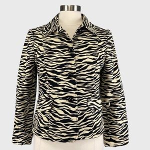 Kasper Womens Zebra Print Blazer Jacket Black Tan Button Cotton Stretch size 6